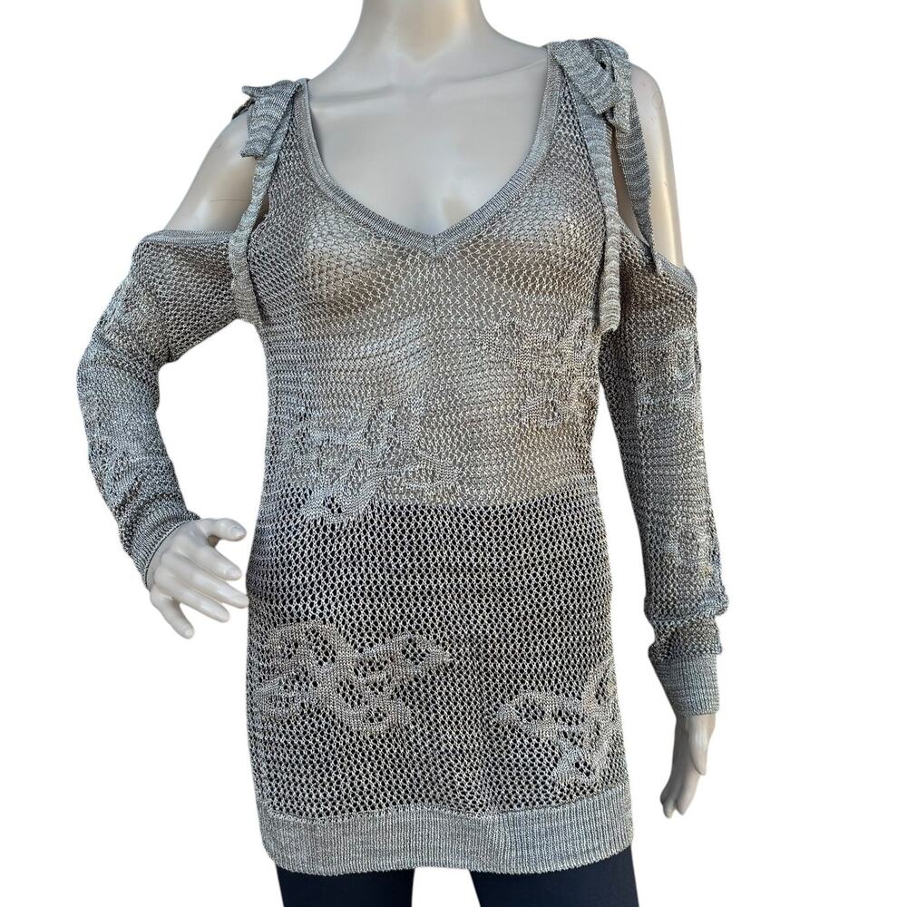 INC Spring Romance Metallic Open Knit Cold Shoulder Cutout Sweater NWT Size M
